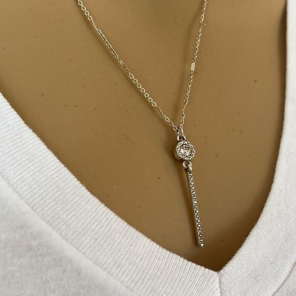 Silver Tone Necklace Rhinestone Bar Pendant 18in Trace Chain - Picture 1 of 12